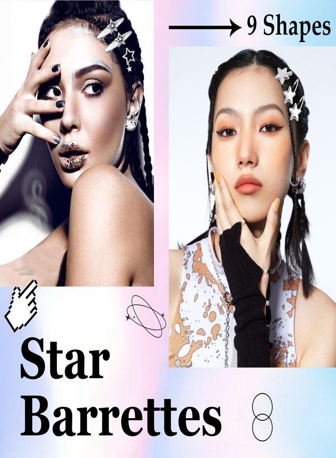 Canitor Y2k Star Hair Clips Cute Kawaii Metal Punk Snap Clips Barrettes for Women Teen Girl Silver Goth Emo 2000s Grunge Rave Kpop Fashion Hair Accessories for Concert Outfit (silver 18pcs) - Image 2
